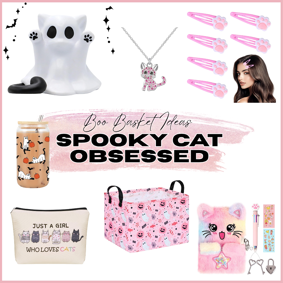 boo basket gift idea for girls featuring cute halloween cat inspired items including make up bag with cats, hair accessories and fuzzy notebooks