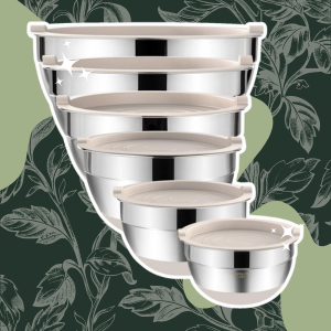 Umite Chef Mixing Bowls with Airtight Lids, 6 piece Stainless Steel Metal Nesting Storage Bowls, Non-Slip Bottoms Size 7, 3.5, 2.5, 2.0,1.5, 1QT, Great for Mixing & Serving (Khaki)