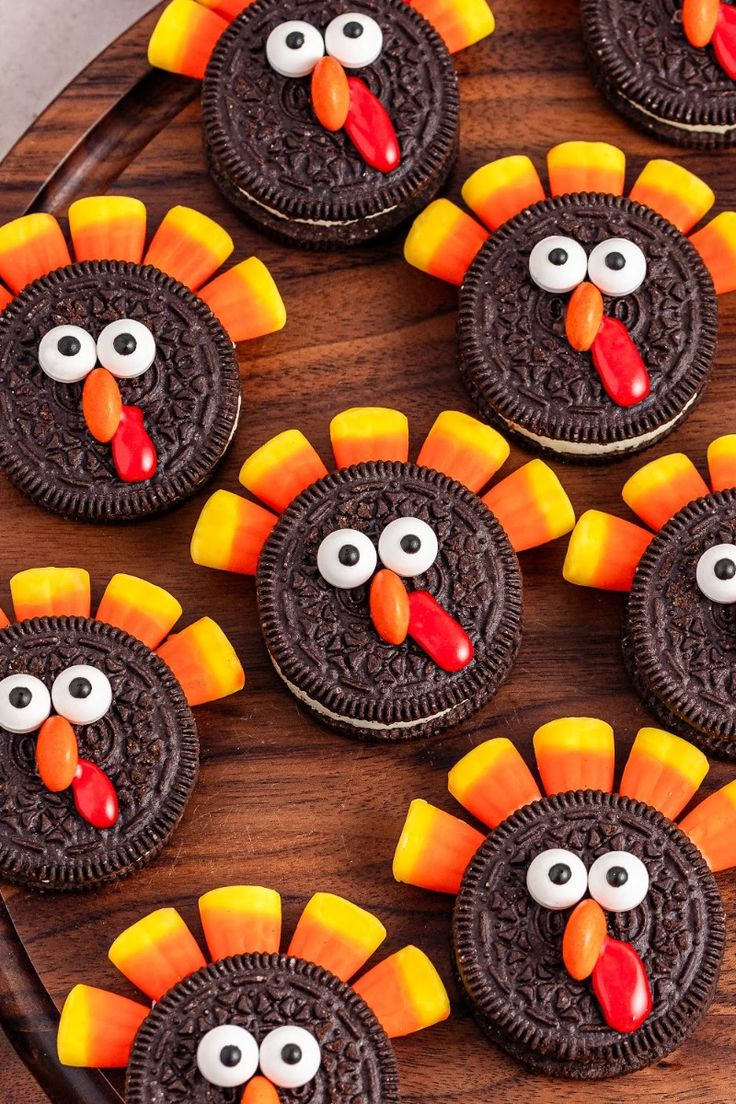 super cute turkey shaped cookies using candycorn for feathers and oreo cookies