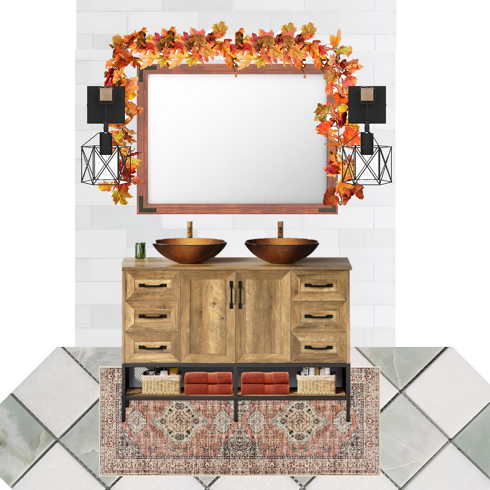 farmhouse bathroom decorated for fall bathroom aesthetic with maple leaf garland