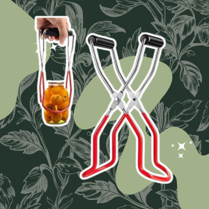 Oriflame Canning Jar Lifter Tongs, Stainless Steel Jar Lifter with Rubber Grips - for Slip Wide-Mouth Clip for Kitchen Restaurant on a green decorative floral background matching earthy and natural aesthetic of website