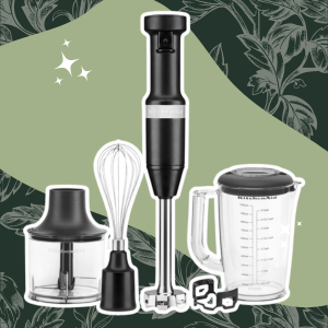 KitchenAid Variable Speed Corded Hand Blender with Accessories, Black Matte, KHBV83BM on a green decorative floral background matching earthy and natural aesthetic of website