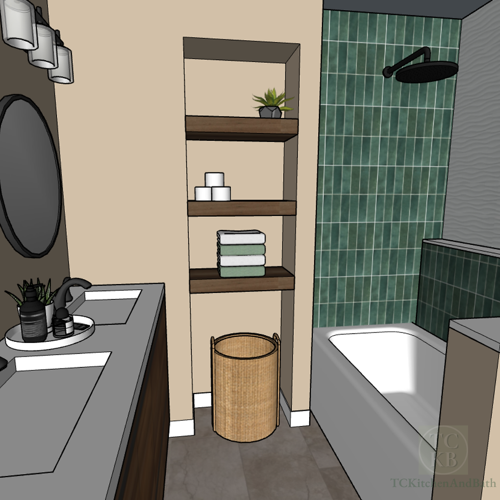 3D 3 dimensional design using sketchup for bathroom design with green tile and floating shelves