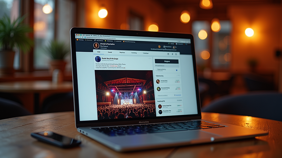High angle view of a laptop displaying a venue’s social media page with engagement stats