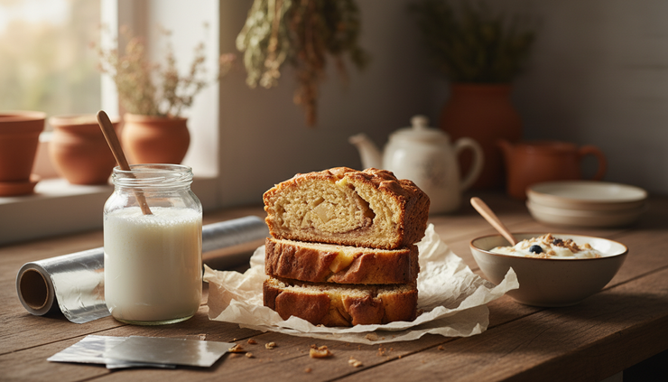 Eye-level view of sliced apple cinnamon loaf packed for breakfast.