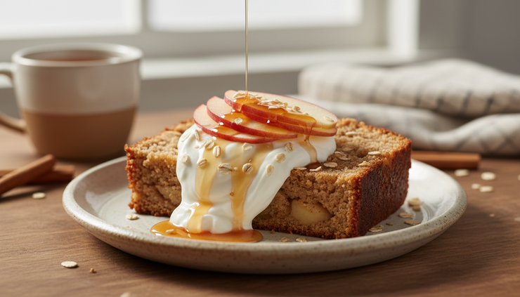 Close-up of a slice of apple cinnamon loaf served with Greek yoghurt.