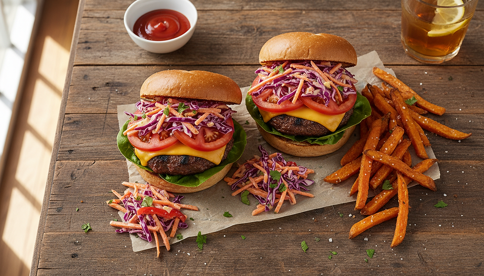 Healthy Beef Burgers with Sourdough Buns, Slaw and Sweet Potato Fries