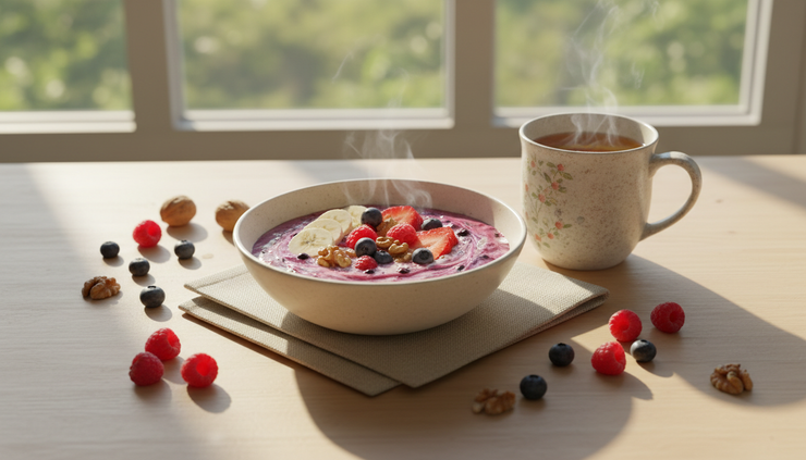 Wide-angle view of a calm breakfast setting with oats, tea and fresh fruit.