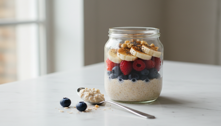 Eye-level view of a filled oat jar with berries and walnuts beside a spoon.