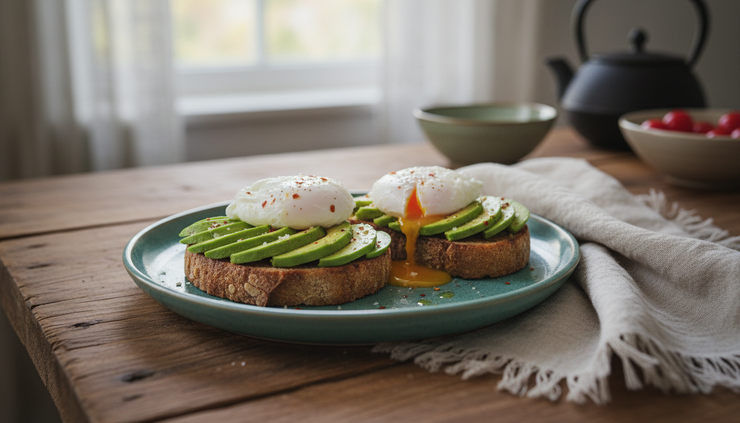 Overhead view of eggs and avocado on toasted sourdough.