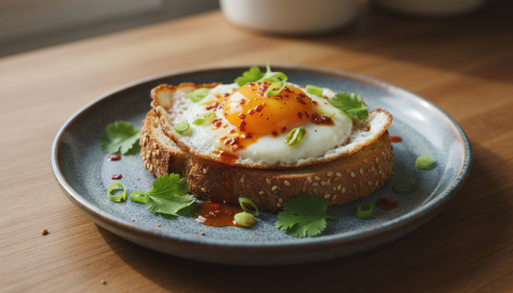 Close-up of a crispy fried egg on toast with chilli oil and spring onions