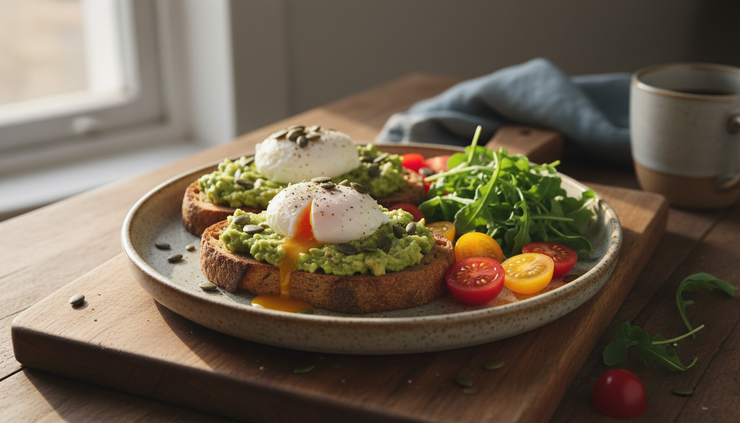 Wide-angle view of a breakfast plate with sourdough toast, eggs, avocado, tomatoes, and greens.