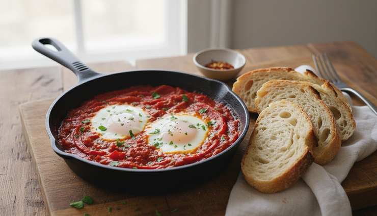 Eye-level view of eggs poaching in a tomato and pepper sauce in a shallow pan