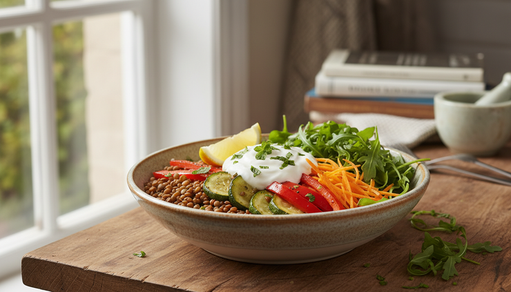 Close-up of a lentil yoghurt bowl with roasted vegetables and fresh herbs
