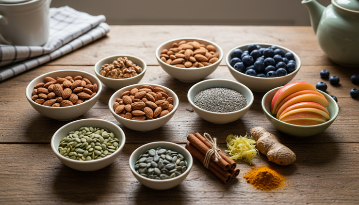 Overhead view of homemade snacks made with nuts, seeds, fruit and spices.