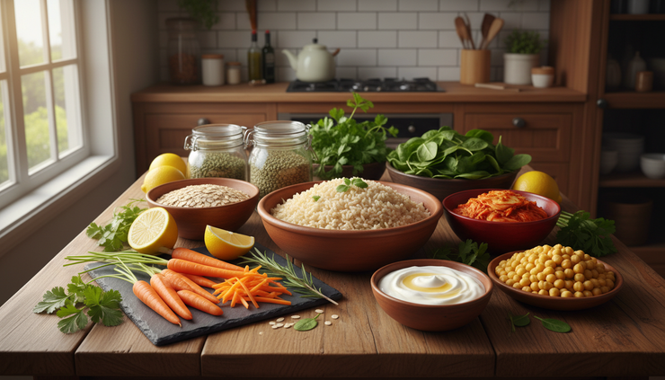 Overhead view of colourful gut-friendly dinner ingredients on a kitchen table