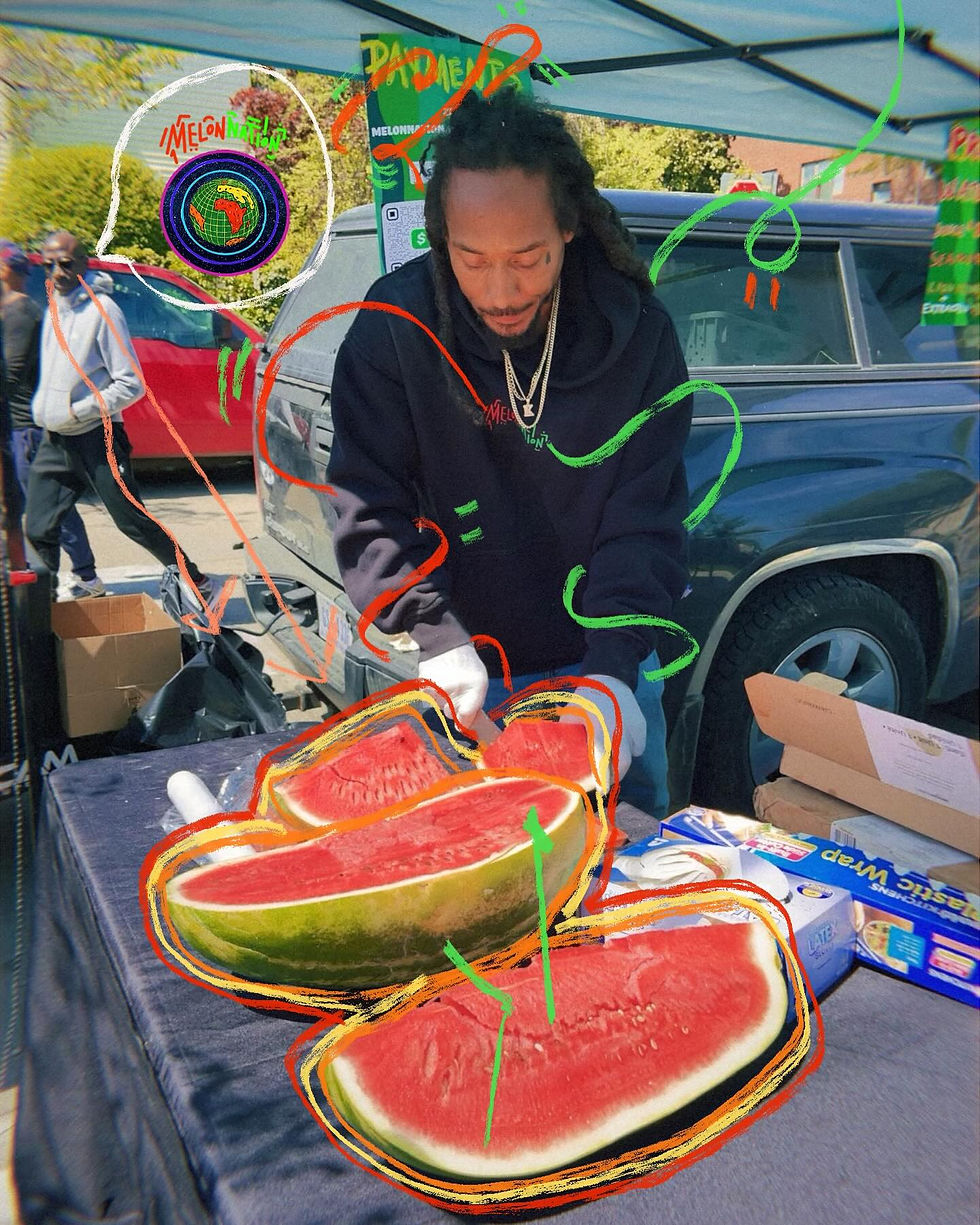 close-up of a melon nation co-founder slicing seeded watermelon beneath a market tent, surrounded by hand-drawn neon illustrations in red, orange, & green; watermelon halves rest across the table while the vendor prepares fresh fruit outdoors on a sunny day.