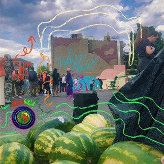 a vibrant melon nation photo collage featuring seeded watermelons, community members, outdoor markets, cultural activations, & creative wellness experiences across washington, dc. images include fresh melon harvests, fruit preparation, families holding watermelons, & artistic graffiti-style illustrations celebrating black agriculture, collective care, food sovereignty, & community-centered wellness culture.