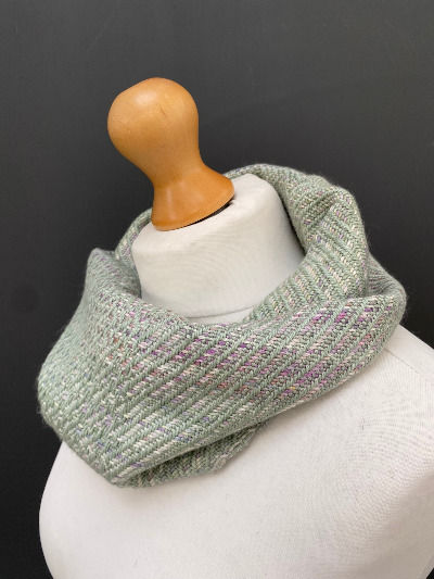Thumbnail: pale mint green and pink handwoven snood scarf