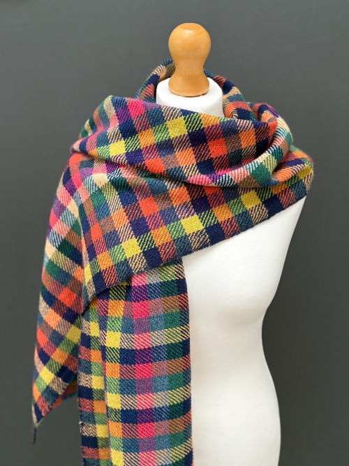 bright checked merino wool handwoven shawl