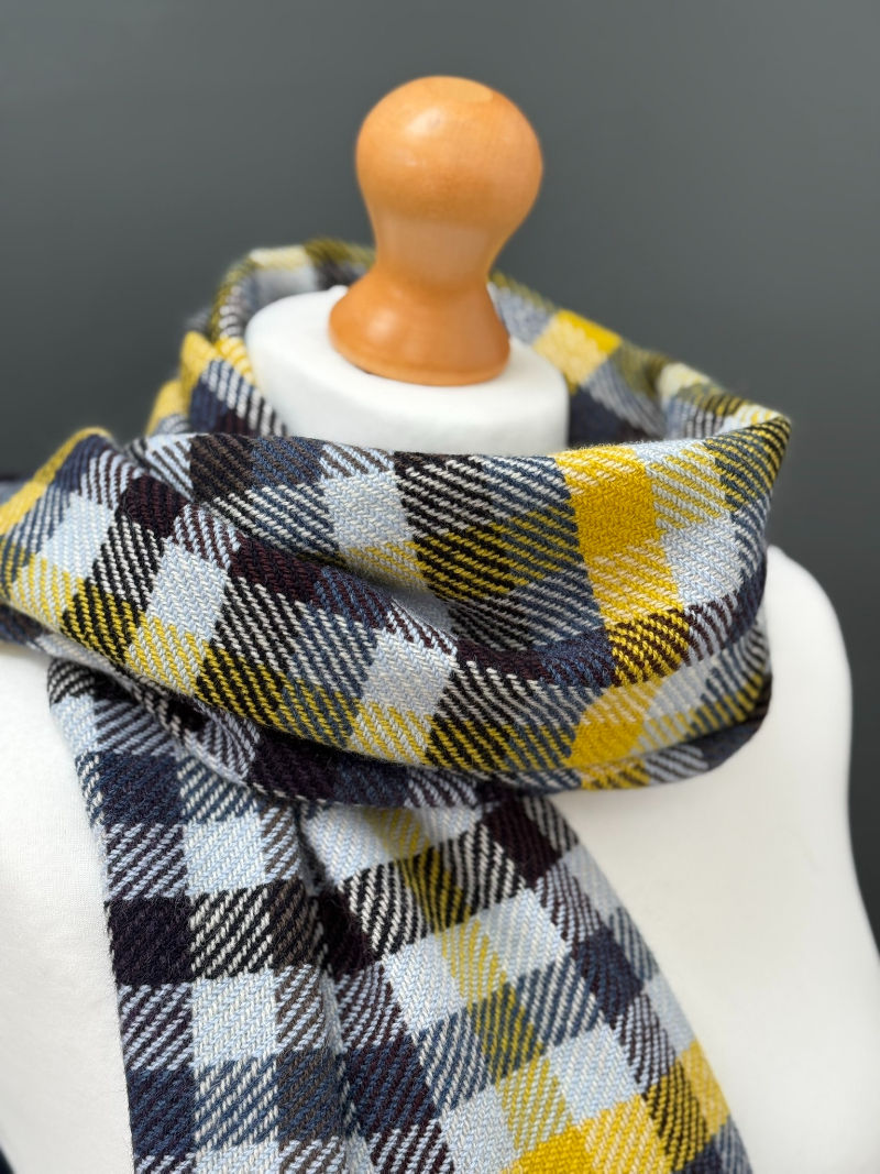 checked beige, brown, blue and yellow scarf