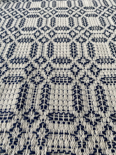 Thumbnail: handwoven navy blue and natural table runner showing intricate detail of the weaving