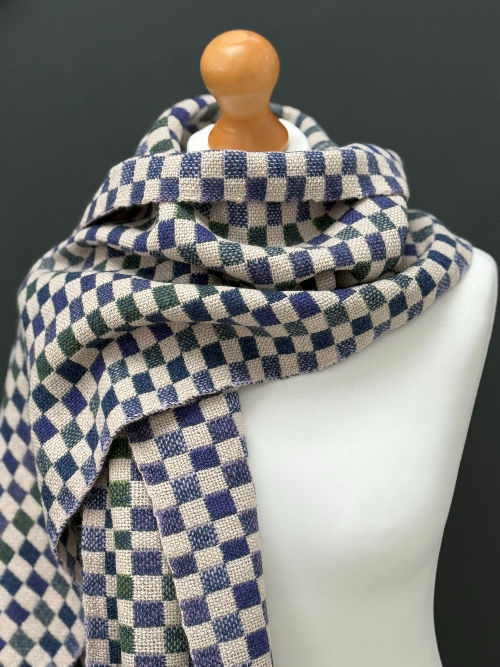 purple and ecru square checkerboard handwoven scarf