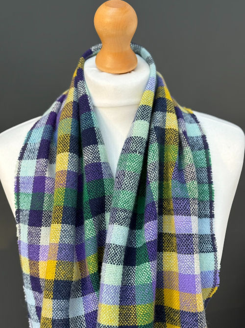 Thumbnail: purple, blue, lilac, green and yellow checked woven scarf