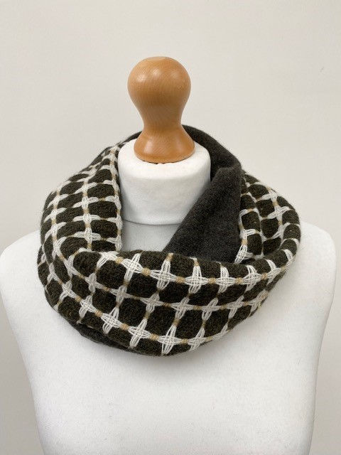 Thumbnail: Olive green, gold/camel coloured cowl scarf wrapped around models neck