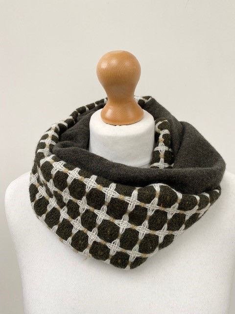 Thumbnail: Olive green, gold/camel coloured cowl scarf wrapped around models neck