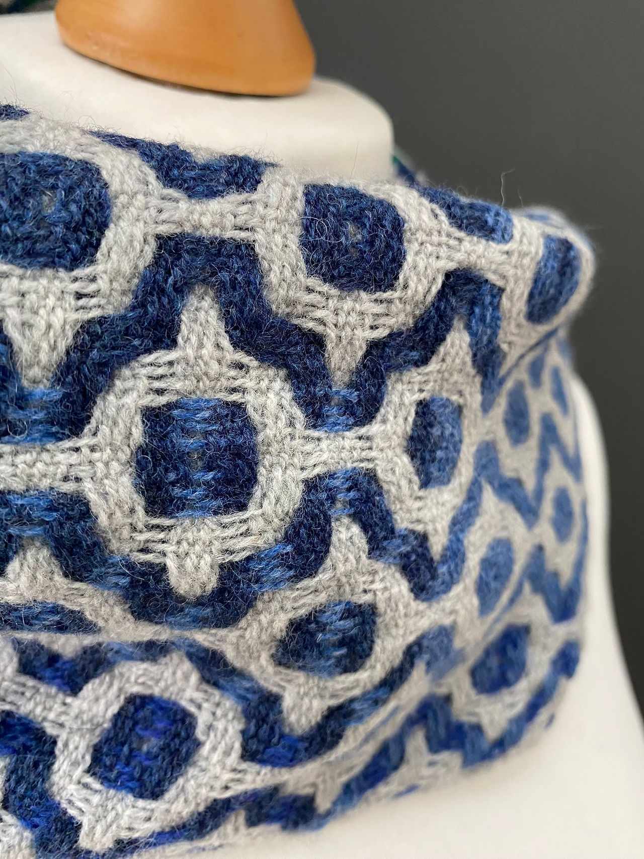 blue and grey mosaic woven snood scarf