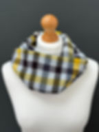 burgundy, blue, beige and yellow checked merino wool snood scarf