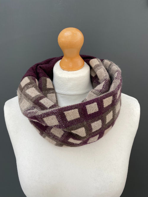 brown, beige, burgundy snood scarf