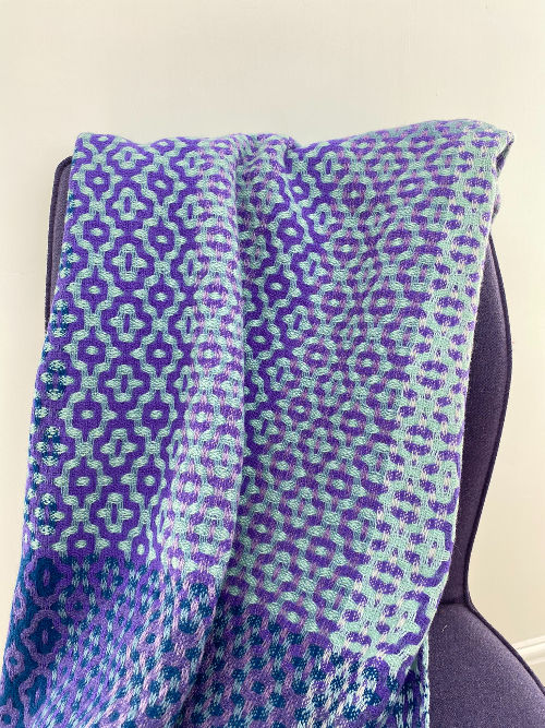 Thumbnail: Handwoven purple, teal and navy merino mosaic patterned shawl