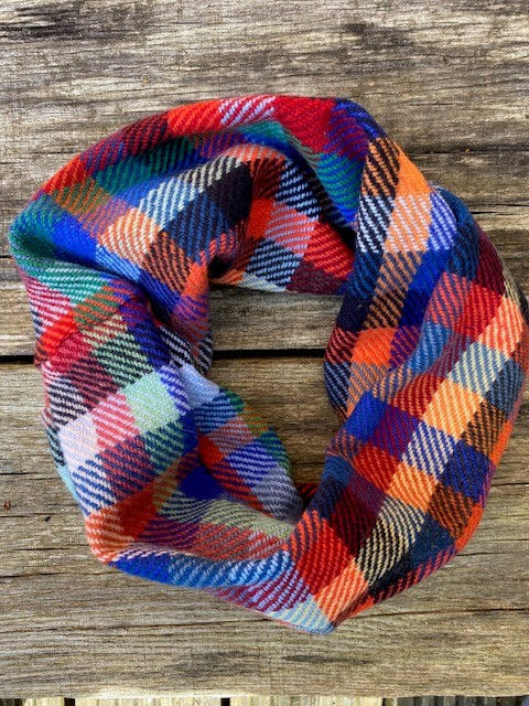 Handwoven orange and blue cowl scarf