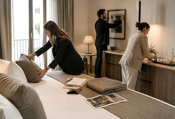 Allestimento di una camera d'hotel per creare un'esperienza accogliente e memorabile attraverso cura dei dettagli, atmosfera e ospitalità firmata ADN34.