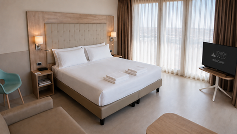 Camera Superior del Tower Hotel Busto Arsizio vicino all'Aeroporto di Milano Malpensa con letto matrimoniale, ampie finestre e comfort moderni.