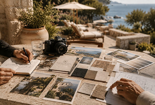 Moodboard, materiali e campioni per lo sviluppo di un concept creativo dedicato a hotel e strutture ricettive realizzato da ADN34.