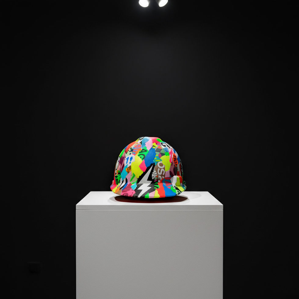 OGGETTO 0321 — Hand-painted collage on helmet, 2021. UNO #idontcareaboutuno