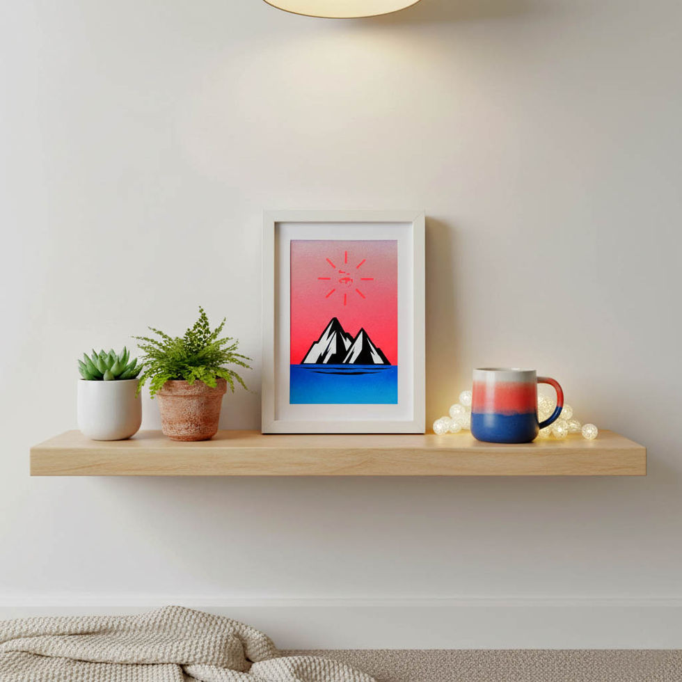 POPSCAPE 0321 artwork by UNO: a graphic spray-painted landscape with pixelated sun over mountains. Spray paint on paper, 2021