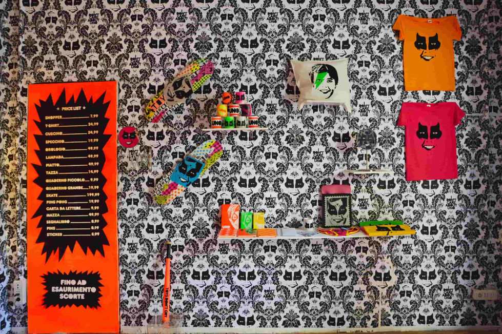Flop Shop Art Installation room view with pattern wallpaper and Pop Art objects.