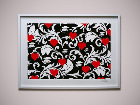 Artwork - spraypaint on paper 50×70 cm. Background with wallpaper-pattern red pixelated hearts. UNO #idontcareaboutuno