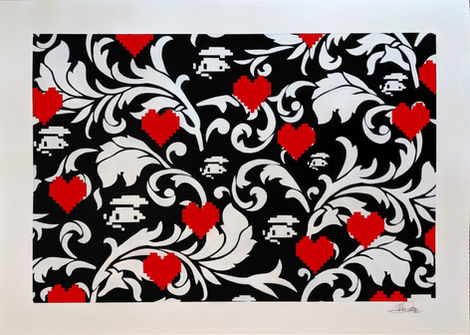 Artwork - spraypaint on paper 50×70 cm. Background with wallpaper-pattern red pixelated hearts. UNO #idontcareaboutuno