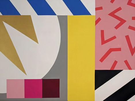 Layered painted surface: ornamental fragments and color fields on ceiling.