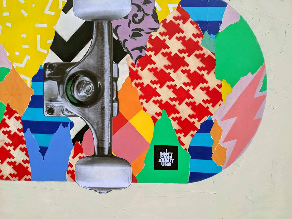 Canvas with torn-paper compositions, patterns, and wallpaper motifs. 2021 Street Skateboarding World Championship