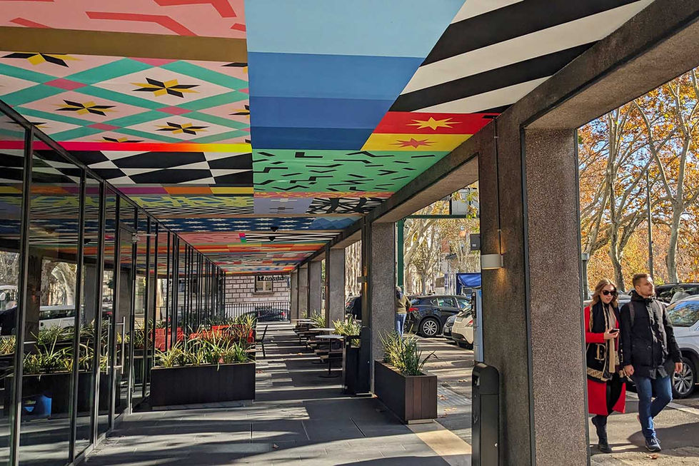 LOOK UP – Hand-painted ceiling installation at CitizenM, Isola Tiberina, Rome, 2023, with technicolor pixels and patchwork
