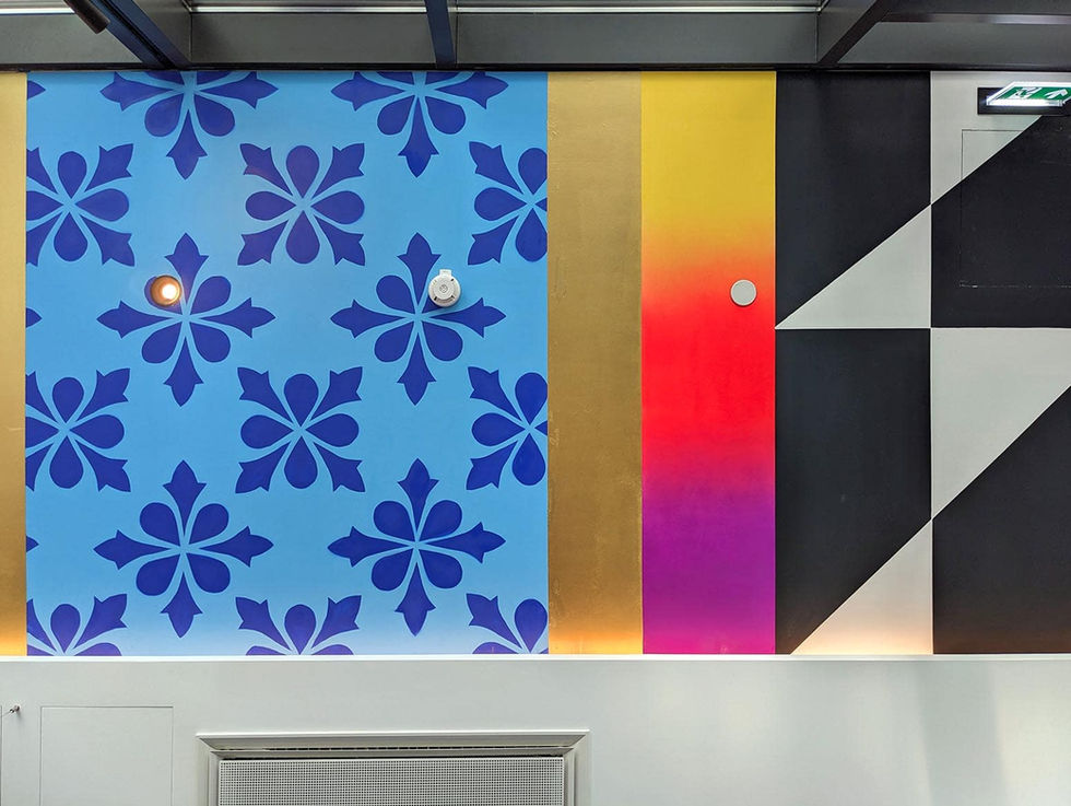 LOOK UP – Hand-painted ceiling installation at CitizenM, Isola Tiberina, Rome, 2023, with technicolor pixels and patchwork