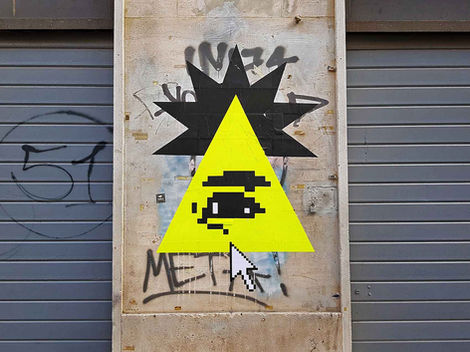 Rome street art: UNO’s #ClickToContinue poster featuring Gunter's eye (Kinder chocolate boy) on Via L'Aquila.
