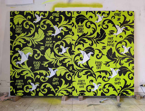 Street art style commission by UNO: black and lime green baroque patterns with origami-like folds (Foundamentals 2122).