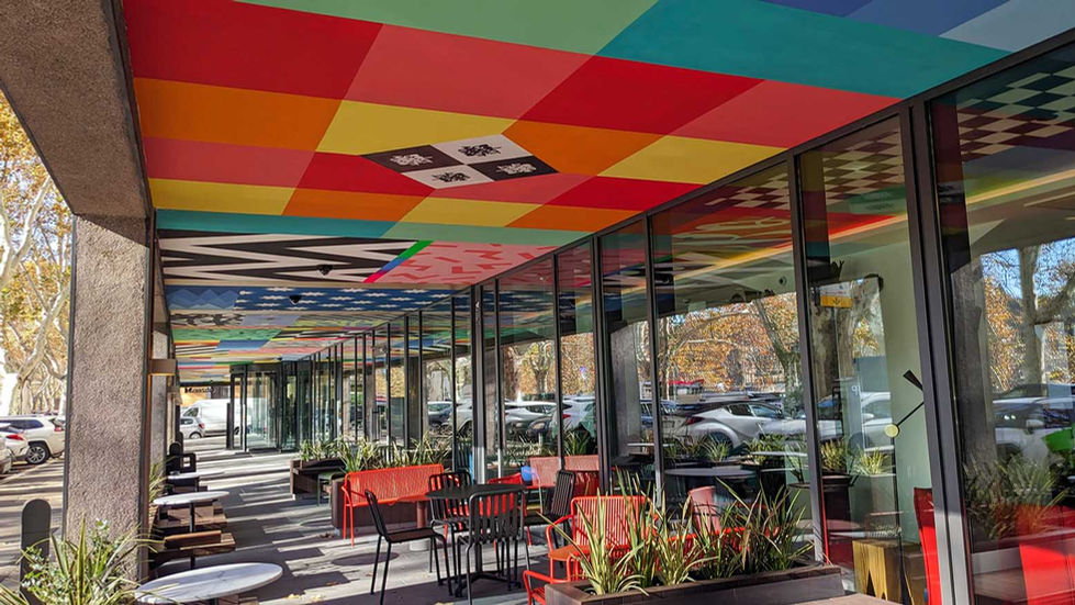 LOOK UP – Hand-painted ceiling installation at CitizenM, Isola Tiberina, Rome, 2023, with technicolor pixels and patchwork